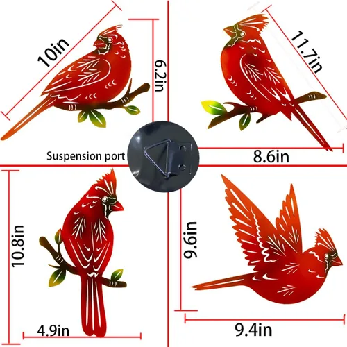 Miniatura 4 de Paquete de 4 piezas de arte de pared cardenal de metal, decoración de pájaros de metal 3D, adornos hechos a mano, pájaro rojo ágil, regalos