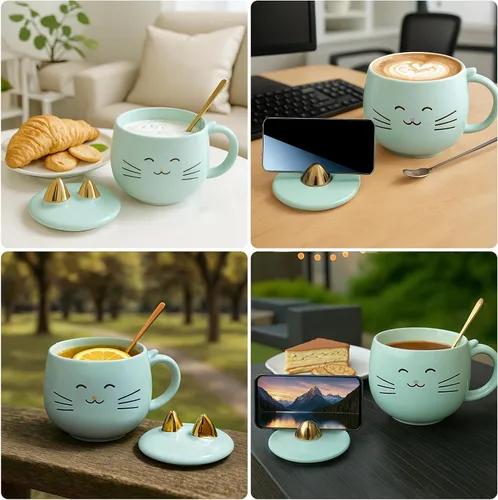 Miniatura 7 de Yuwu Taza de café de cerámica con cuchara y tapa, taza de 13.5 onzas con tapa de soporte para teléfono, bonita taza de té para mujeres y entusiastas