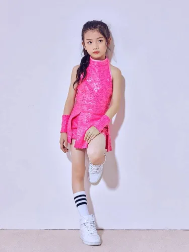 Miniatura 2 de LOLANTA Vestido de baile de lentejuelas para niñas de 4 a 12 años, traje de baile de hip hop, sin mangas y pantalones cortos