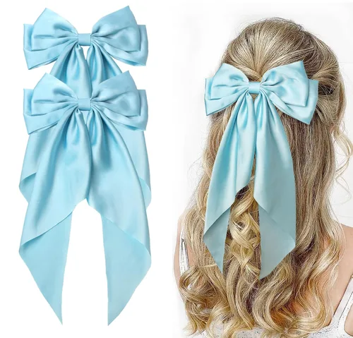 Miniatura 21 de Furling Pompoms - Lazos para el cabello para mujer, pinzas grandes de satén sedoso para el cabello, lazos para el cabello con cola larga, pasadores