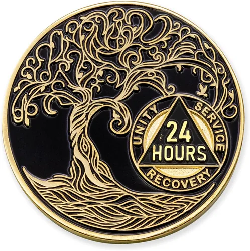 Miniatura 252 de 20 Year Sobriety Mint Twisted Tree of Life - Medallón de recuperación AA chapado en oro, fichas y fichas, color negro