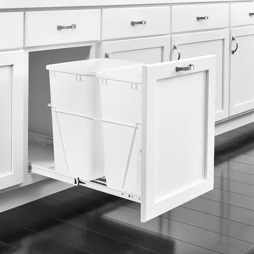 Miniatura 5 de Rev-A-Shelf Bote de basura doble extraíble de 35 cuartos de galón para gabinetes de cocina base, sistema de cubo de basura con toboganes