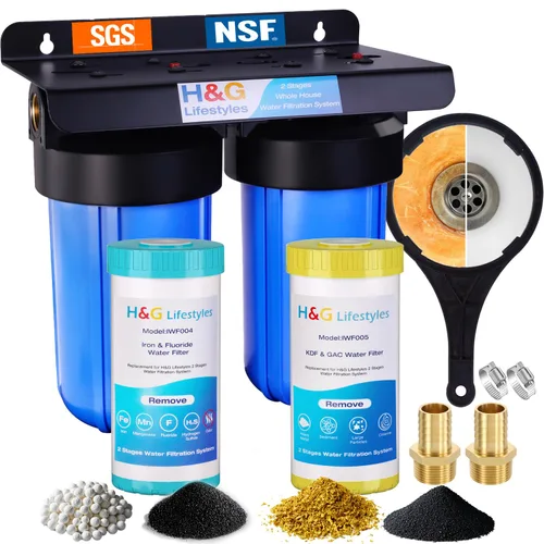 H&G Lifestyles Filtro de agua para toda la casa para agua de pozo, reduce fluoruro de hierro manganeso, con filtros GAC KDF, reduce el olor a cloro