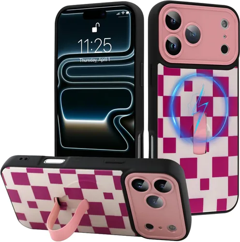 Miniatura 25 de Funda diseñada para iPhone 17 Pro Max con soporte plegable y correa para dedos, bonito patrón de lazo de corazón de flor rosa para mujeres y niñas