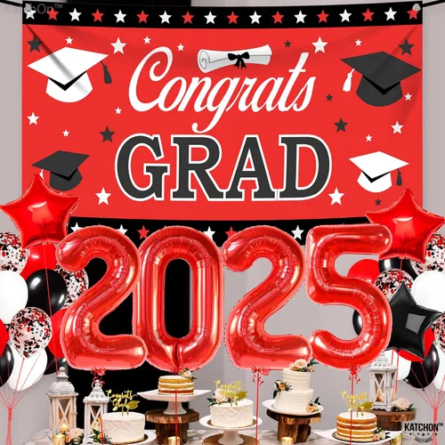 Miniatura 5 de KatchOn, Juego de 40 decoraciones de graduación rojas y negras 2025, globos rojos 2025, pancarta de felicitaciones para graduación de clase de 2025