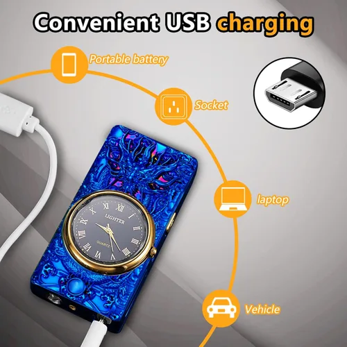 Miniatura 4 de Encendedor de dragón, encendedor de reloj, encendedor eléctrico a prueba de viento de plasma de doble arco, encendedor USB recargable con indicación