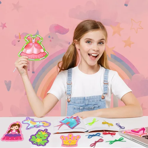Miniatura 7 de Zonon 8 tarjetas de cordones para niños, tarjetas de costura en 8 patrones, juegos de cordones para desarrollar imaginación, suministros educativos