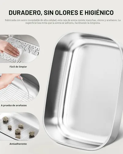 Miniatura 4 de Caja de arena tamizadora de acero inoxidable con tapa, bandeja de arena de metal con pala para gatos grandes y múltiples gatos, caja de arena