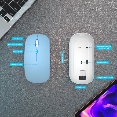 Miniatura 5 de AIKOKOK Ratón inalámbrico Bluetooth recargable para laptop con uso LED portátil (BT5.2 y USB 2.4G) Conexión de modo dual Ratón silencioso delgado
