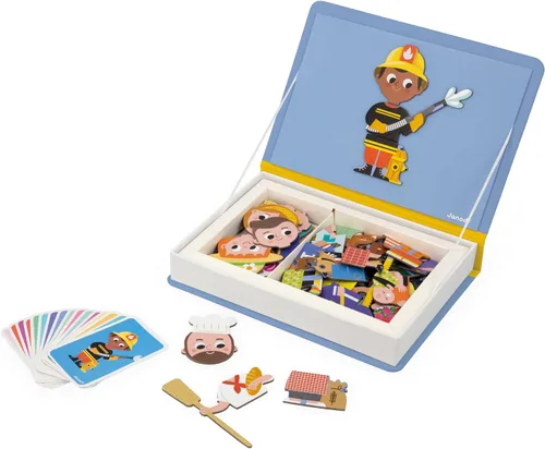 Janod - Magnéti'Book Métiers – Juego educativo magnético 48 imanes + 16 tarjetas modelo - para niños de 3 años en adelante - Construcción de