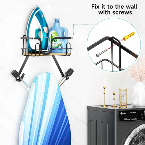 Miniatura 7 de Soporte para tabla de planchar para montaje en pared, colgador de tabla de planchar sobre la puerta con cesta de almacenamiento, soporte de hierro