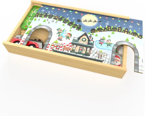 Miniatura 7 de Juego de Tren de Navidad de Madera Operado por Batería Motor Motorizado con Luz Trineo de Papá Noel Reno Pan de Jengibre Elfo Árbol de Navidad