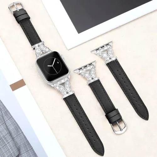 Miniatura 5 de JR.DM Correas de cuero para reloj para mujeres compatibles con Apple Watch 38mm 40mm 41mm 42mm (S10) con conector de mariposa brillante plateado