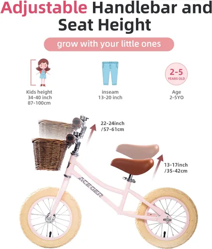 Miniatura 4 de ACEGER Bicicleta de equilibrio de 12" para niños con canasta, bicicleta para niños pequeños para fortalecer las piernas y mejorar el equilibrio