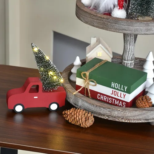 Miniatura 6 de IDATOO Decoraciones navideñas para el hogar, 4 piezas de decoración de bandeja escalonada de Navidad con camión rojo de madera, árbol iluminado por