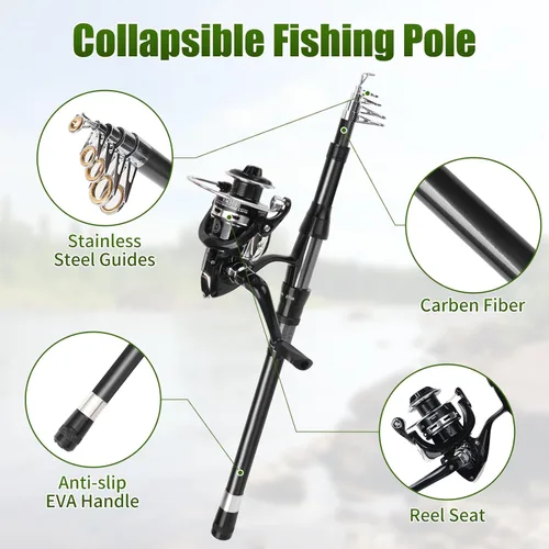 Miniatura 3 de Combo de carrete de caña de pescar, 2 cañas de pesca telescópicas de 6.89 pies, 2 carretes giratorios, juego de alicates de pesca con bolsa de Negro
