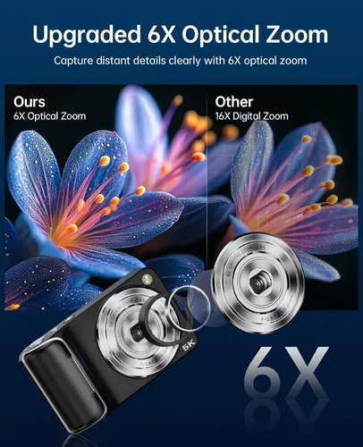 Miniatura 10 de Cámara digital 5K para fotografía con zoom óptico 6X, cámara WiFi de enfoque automático de 64 MP para YouTube con doble lente, cámaras digitales