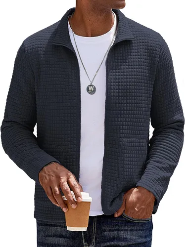 Miniatura 16 de COOFANDY Chaqueta Varsity Ligera para Hombre Chaquetas Bomber Casuales Sudaderas Waffle con Cremallera y Bolsillo