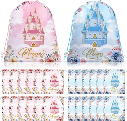Riakrum 24 bolsas de regalo de princesa para fiestas, bolsas de regalo de princesa con cordón, castillo rosa y azul, paquete de regalo para