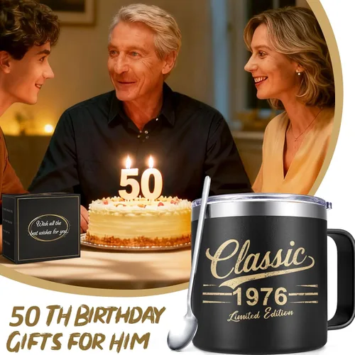 Miniatura 5 de Qtencas Regalos de cumpleaños número 50 para él, taza de café aislada clásica de 1976 con tapa y pajilla, ideas de regalo de cumpleaños