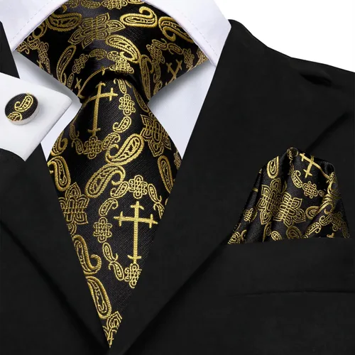Miniatura 317 de Hi-Tie Corbata clásica de cachemira para hombre con pañuelo y gemelos a cuadros