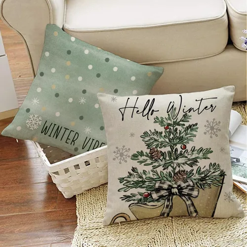 Miniatura 5 de Hello Winter Vibes - Juego de 4 fundas de almohada decorativas verdes de 20 x 20 pulgadas, ponte acogedora para bicicleta, árbol de Navidad, copos