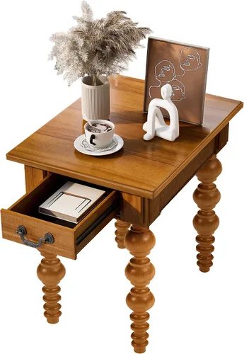 Miniatura 14 de Homora Mesa auxiliar rectangular de madera con cajón de almacenamiento, mesa de cóctel vintage con patas de madera maciza en forma de calabaza, mesa