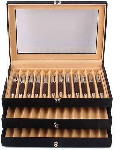 Miniatura 3 de Caja organizadora de bolígrafos de franela de cuero negro de 36 piezas, caja organizadora de bolígrafos de vidrio con tapa, vitrina de cristal