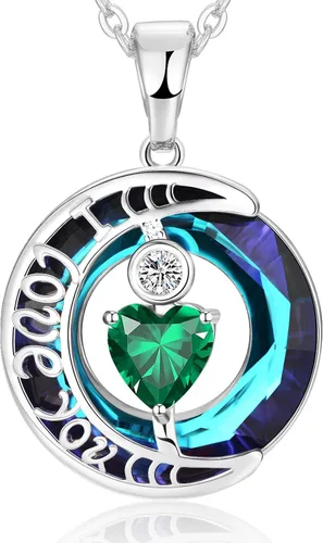 Miniatura 50 de Collares de cristal para mujer, regalos para aniversario de esposa, regalos de cumpleaños para mujeres, collar de zafiro azul con la frase "I Love