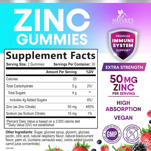 Miniatura 2 de Gomitas de zinc – 50 mg de zinc por porción, gomitas de apoyo inmunológico para la piel y los huesos – Antioxidante masticable de alta calidad