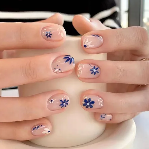 Miniatura 17 de Uñas postizas ovaladas a presión con puntas francesas, juego de uñas postizas cortas de flores artificiales, uñas postizas acrílicas con diseños