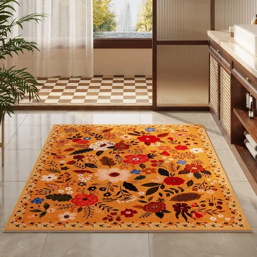 Miniatura 7 de Rugcomf Alfombra de Área 4x6 Alfombra Lavable Alfombras Bohemias Antideslizante Pelo Bajo Floral Alfombra Pequeña para Dormitorio, Mesita de Noche