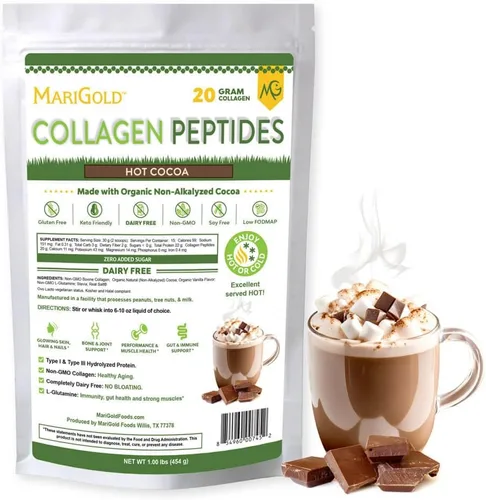 MariGold Péptidos de colágeno alimentados con pasto, cacao caliente 1 libra, 100% puro, colágeno hidrolizado bovino tipo I y III, sin OMG, sin