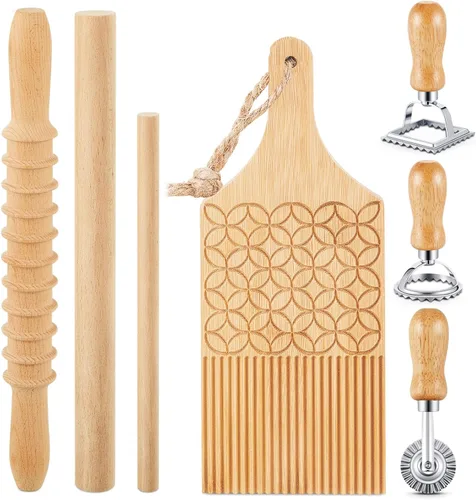 Miniatura 8 de Tioncy Juego de 7 piezas de herramientas para hacer pasta con tabla de gnocchi de madera, sello para raviolis, fabricante de raviolis y rodillo