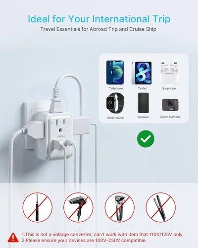 Miniatura 6 de Paquete de 2 adaptadores de enchufe de viaje europeo, VINTAR Adaptador de alimentación internacional plegable con 4 tomas de corriente AC, 3 puertos