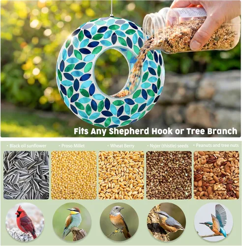 Miniatura 3 de VCUTEKA Comedero de mosaico para pájaros para colgar en el exterior con recipiente de vidrio de forma redonda para atraer más aves silvestres