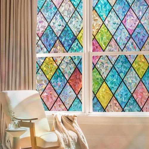 Miniatura 9 de Lámina de privacidad para ventana Windimiley con diseño de vidrio manchado: adhesivo estático decorativo floral 3D arcoíris con control de calor