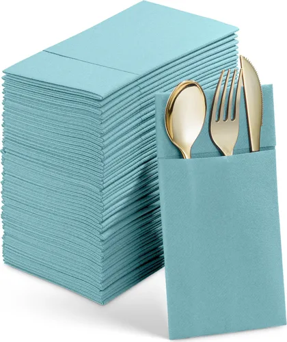 Miniatura 14 de Paquete de 50 servilletas desechables de lino con bolsillo integrado para cubiertos, tela preplegada azul como servilletas de papel para bodas