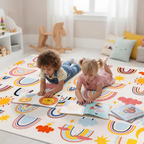 Miniatura 7 de Alfombra de arco iris para niños, 3 pies 3 pulgadas x 4 pies 11 pulgadas, alfombra suave para niños, alfombra grande lavable espacial