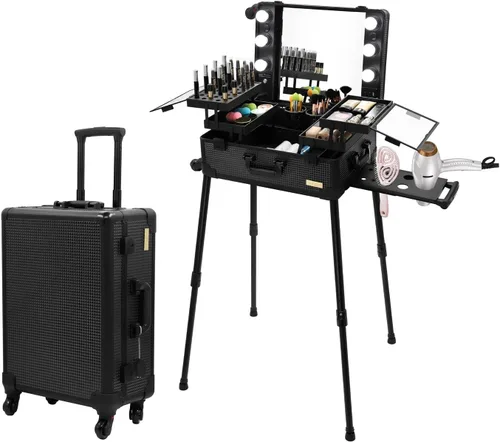 Maletín de aluminio para maquillaje con luces LED, organizador profesional de cosméticos con altavoz, ruedas y soportes, estación de tocador de