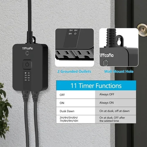 Miniatura 2 de TiFFCOFiO Temporizador para exteriores impermeable, control remoto con sensor de atardecer a amanecer, 2 tomas eléctricas con conexión a tierra