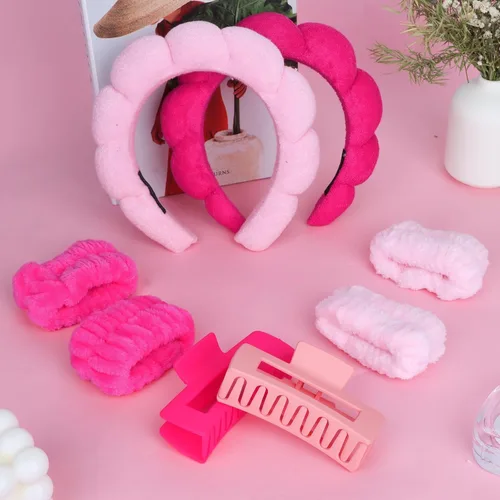 Miniatura 7 de Wecoe Juego de diadema y pulsera para el cuidado de la piel para el cuidado de la piel, pinzas para cabello grueso, esponja hinchada con burbujas