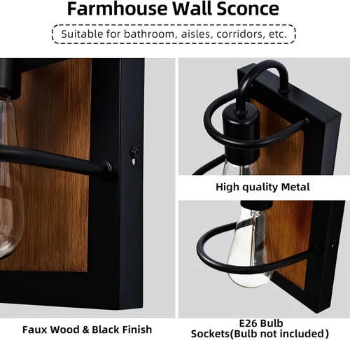Miniatura 4 de Apliques de pared estilo granja, iluminación de pared industrial moderna en interior con base E26 color madera falso acabado negro mate, lámpara
