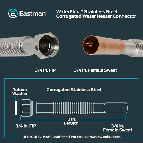 Miniatura 6 de Eastman Conector de calentador de agua WaterFlex de 12 pulgadas, 3/4 pulgadas FIP x 3/4 pulgadas de sudor femenino, línea de suministro