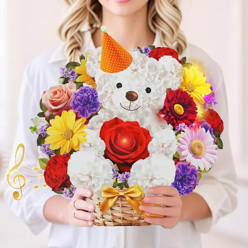 MZD8391 Tarjetas de cumpleaños con música y luces, tarjeta de feliz cumpleaños, oso y margarita, ramo de flores de tamaño natural de 10 pulgadas,