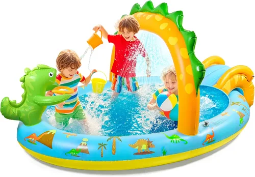 SULIFEEL Dinosaurs - Centro de juegos inflable para niños con tobogán y aspersor para niños, piscina de bebé de 96 x 59 x 39 pulgadas para patio