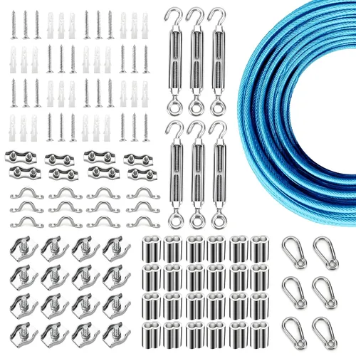 Miniatura 37 de Kit de suspensión de luces de cuerda de globo, cable guía de luz para exteriores, cable de acero inoxidable recubierto de vinilo, incluye 50 pies
