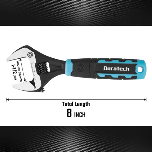 Miniatura 5 de DURATECH Llave ajustable de 8 pulgadas, llave de fontanería de apertura de mandíbula ancha, acero CR-V, SAE y escala métrica marcada, agarre Negro