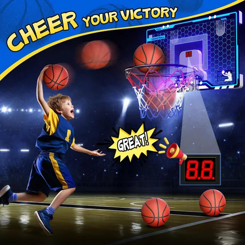 Miniatura 2 de HopeRock Indoor Mini Basketball Hoop for Kids, Basketball Hoops Over The Door with LED Lighting, Mini Hoop with Scoreboard & 3 Balls, Basketball