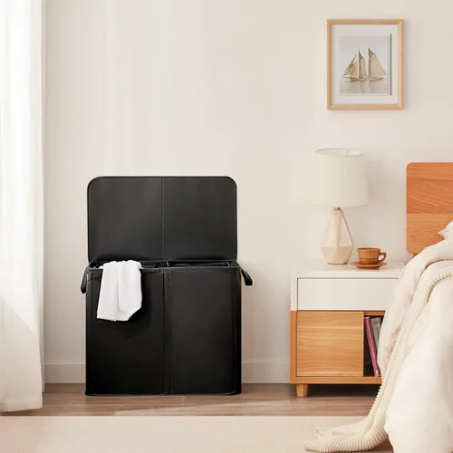 Miniatura 8 de Lifewit Cesta de lavandería doble con tapa y bolsas de lavandería extraíbles, gran plegable, 2 divisores, cesta de ropa sucia con asas para Negro